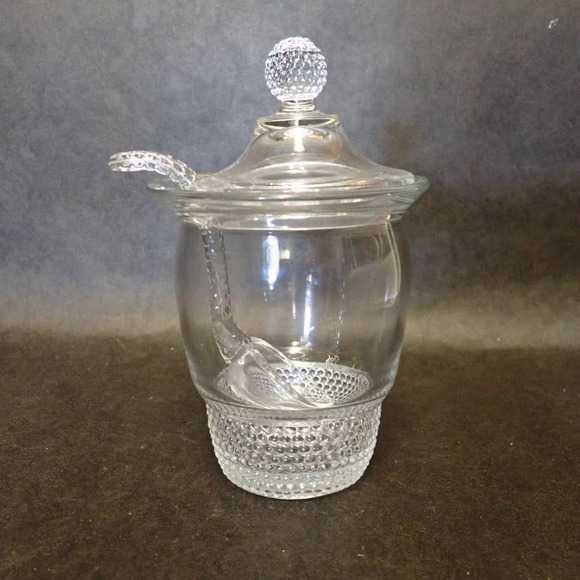Vintage Duncan & Miller Clear Teardrop Texture Pebbled 3 Piece Glass Mustard Jar - Picture 1 of 10